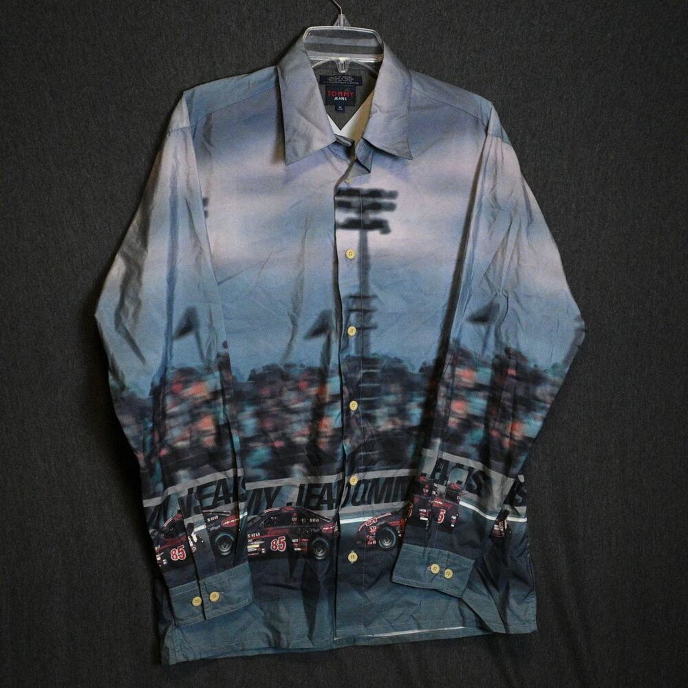 VINTAGE Tommy Jeans Men's M Button Up Shirt 2000 Y2K Racecar Print Lightweight